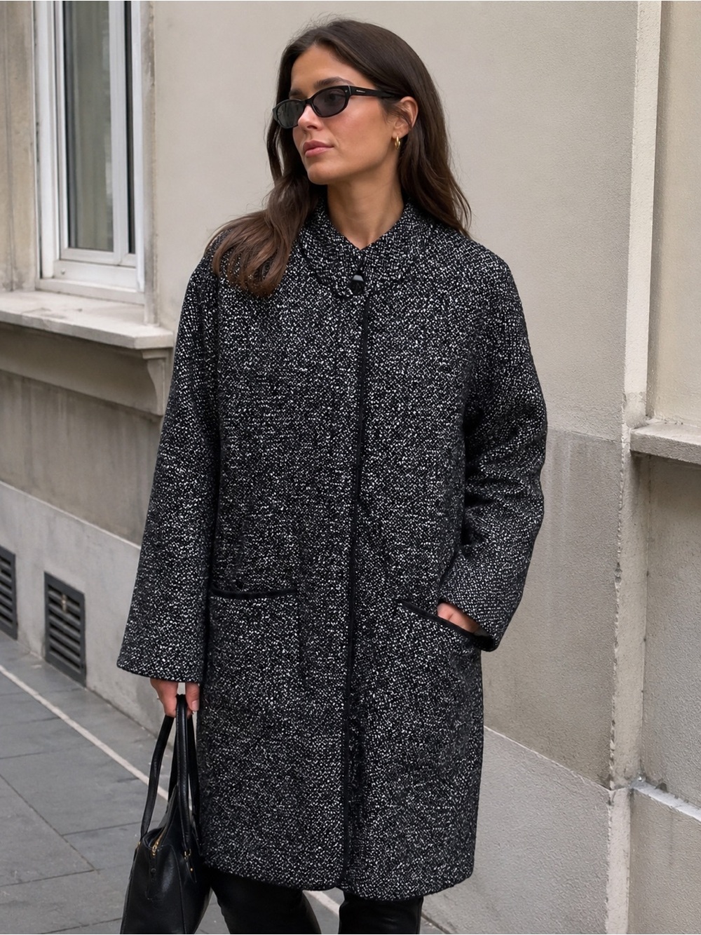🌺SOLD🌺Womens Black & White Tweed Coat - Classic Longline Jacket